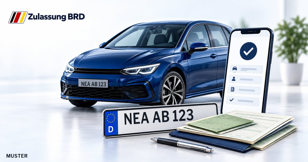 Online Fahrzeugzulassung in Landkreis Neustadt a.d.Aisch: Musterkennzeichen NEA AB 123, Auto und Fahrzeugpapiere und Smartphone. Illustration mit Logo von Zulassung BRD.